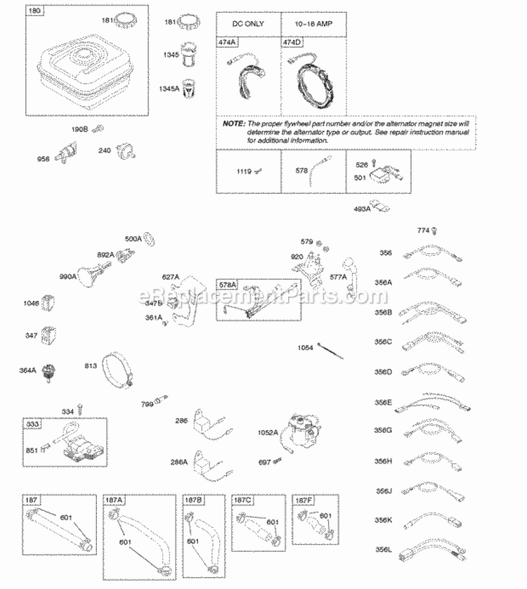 Alternator Fuel Supply Ignition Diagram and Parts List for 20H237-0113-E9  Briggs and Stratton Engine